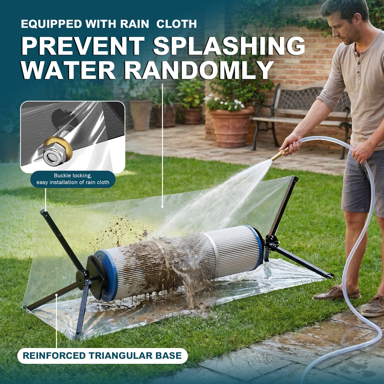 Leshyyao 3-in-1 Pool Filter Cleaning Stand — 360° Rotating Cleaner Tool for 3/4/6" Cartridges, Stable Tripod Base, Includes Splash Guard & Nozzle Kit — No More Bending or Mess