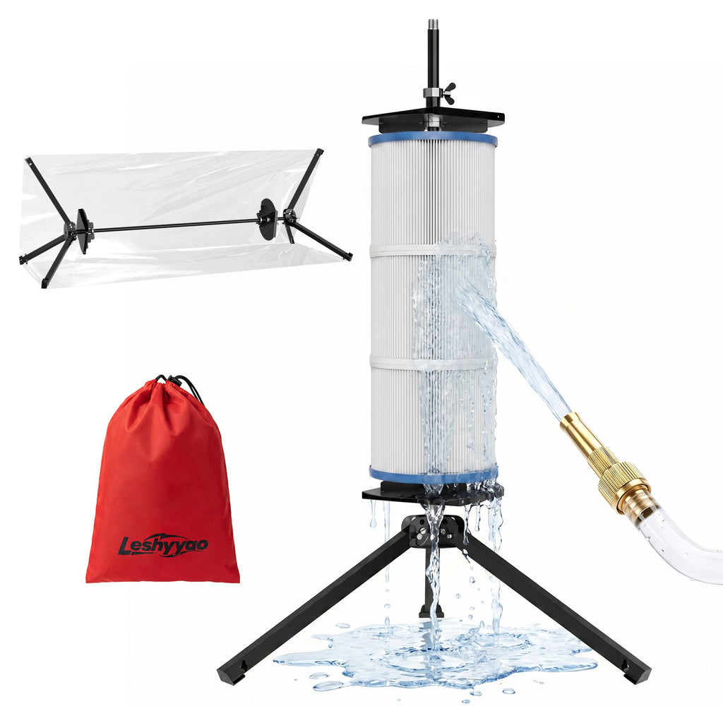 Leshyyao 3-in-1 Pool Filter Cleaning Stand — 360° Rotating Cleaner Tool for 3/4/6" Cartridges, Stable Tripod Base, Includes Splash Guard & Nozzle Kit — No More Bending or Mess