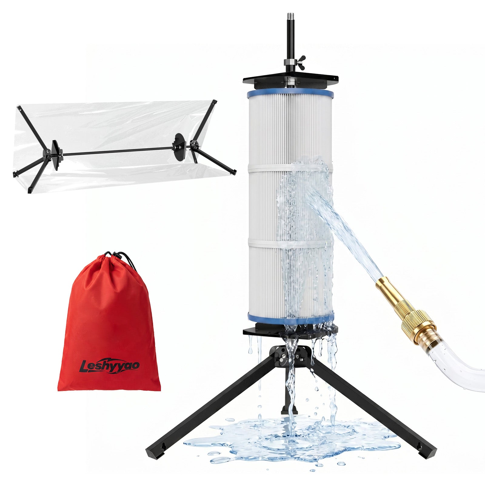 Leshyyao 3-in-1 Pool Filter Cleaning Stand — 360° Rotating Cleaner Tool for 3/4/6" Cartridges, Stable Tripod Base, Includes Splash Guard & Nozzle Kit — No More Bending or Mess