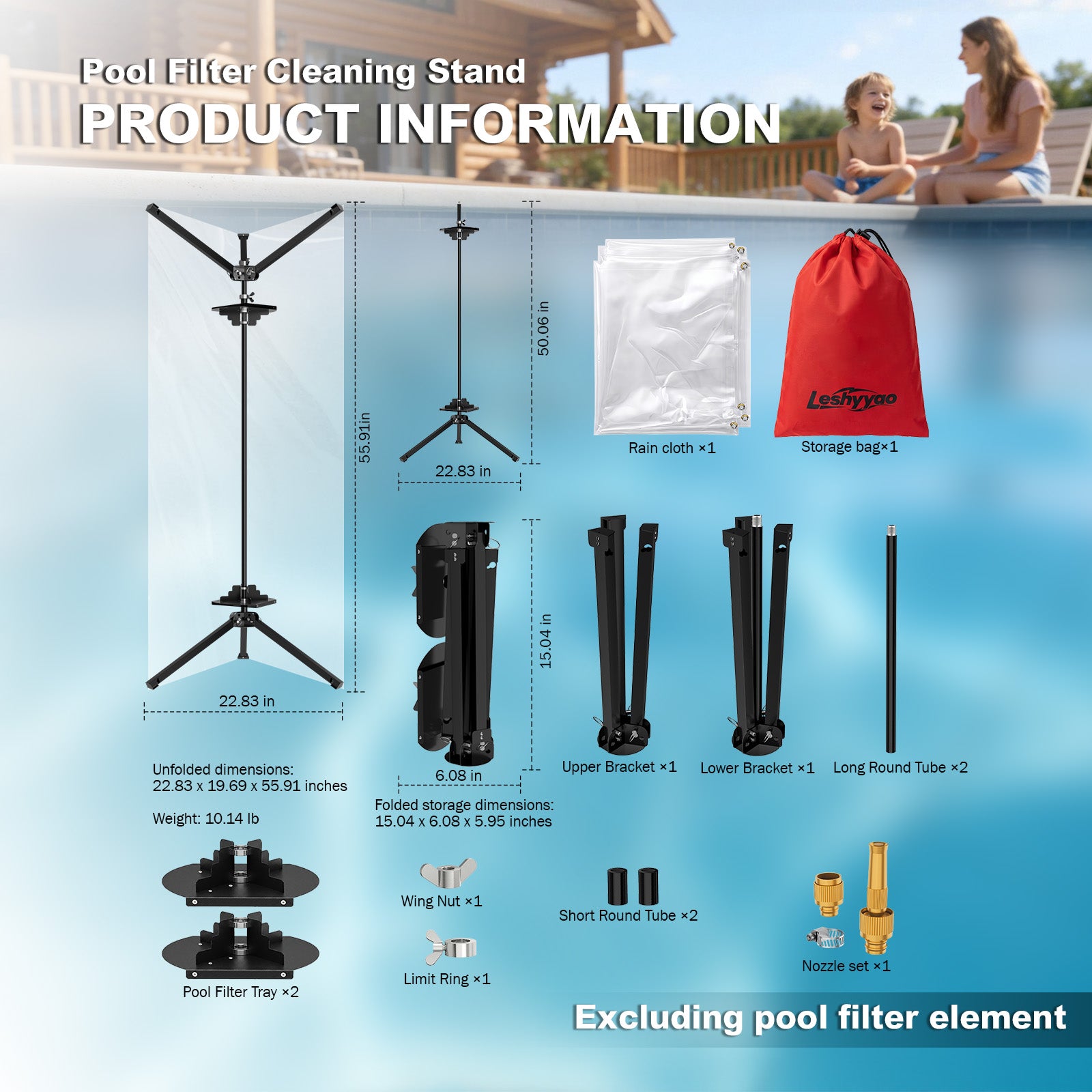 Leshyyao 3-in-1 Pool Filter Cleaning Stand — 360° Rotating Cleaner Tool for 3/4/6" Cartridges, Stable Tripod Base, Includes Splash Guard & Nozzle Kit — No More Bending or Mess