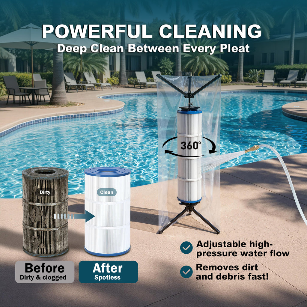Leshyyao 3-in-1 Pool Filter Cleaning Stand — 360° Rotating Cleaner Tool for 3/4/6" Cartridges, Stable Tripod Base, Includes Splash Guard & Nozzle Kit — No More Bending or Mess