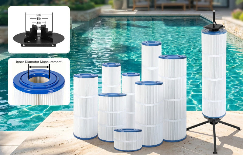 Leshyyao 3-in-1 Pool Filter Cleaning Stand — 360° Rotating Cleaner Tool for 3/4/6" Cartridges, Stable Tripod Base, Includes Splash Guard & Nozzle Kit — No More Bending or Mess